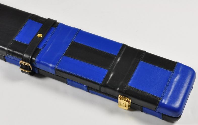 Peradon Three-Quarter Black and Blue Patchwork Cue Case (Close up)