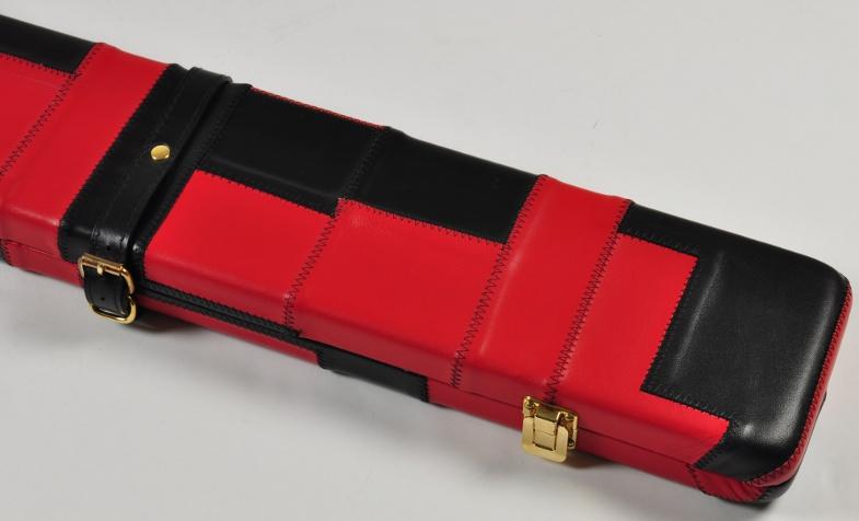 Peradon Three-Quarter Black and Red Patchwork Cue Case (Close up)