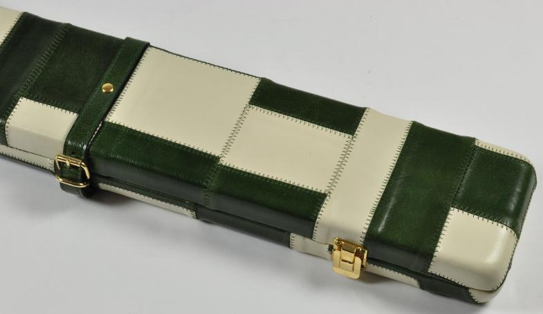 Peradon Three-Quarter Green and Cream Patchwork Cue Case (Close up)