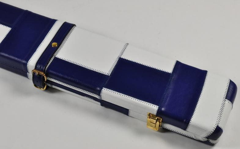 Peradon Three-Quarter White and Blue Patchwork Cue Case (Close up)